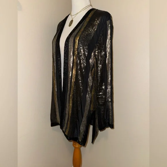 Free People Bianca Striped Sequin/Beaded Open Front Jacket,Size-Small - Picture 7 of 14